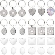 1 Set Heart & Flat Round & Oval & Square Alloy Keychains, with 304 Stainless Steel Split Key Rings and Transparent Glass Cabochons, Antique Silver, 5.5~6cm, 12pcs/set(KEYC-UN0001-11)