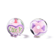 Transparent Acrylic Enamel Beads, Bead in Bead, Round with Heart & Word Luck, Pearl Pink, 14~15x13mm, Hole: 2mm(TACR-G040-01I)