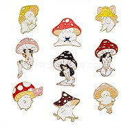9Pcs 9 Style Mushroom Skating Enamel Pin, Cartoon Alloy Brooch for Backpack Clothes, Light Gold, Mixed Color, 24~43x23~30x2mm, 1pc/style(JEWB-SZ0001-57)