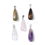 Natural Mixed Gemstone Pendants, Teardrop Charms, with Platinum Tone Brass Findings, 28.5~32x10~10.5mm, Hole: 5x3.5mm(G-F707-24)