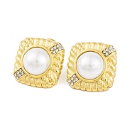 Ion Plating(IP) 304 Stainless Steel Rhinestone Stud Earrings, Square Imitation Pearl Jewelry for Women, Real 18K Gold Plated, 16x16mm(EJEW-A049-15G)