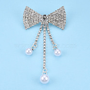 Crystal Rhinestone Bowknot with Plastic Pearl Lapel Pin, Creative Brass Badge for Backpack Clothes, Silver, 93x47x12.5mm, Pin: 0.7mm(JEWB-T002-09S)