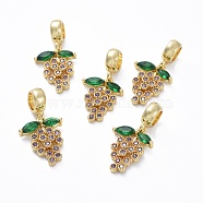 Brass Micro Pave Cubic Zirconia European Dangle Charms, Large Hole Pendants, with Tube Bails, Grape, Colorful, Golden, 24mm long, Hole: 5mm, Grape: 16x12.5x2.5mm(ZIRC-F074-05G)