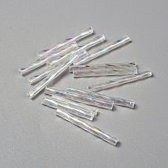 Transparent Colours Rainbow Glass Twist Bugle Beads, Round Hole, White, 25~27x3mm, Hole: 1mm, 100pcs/bag(GLAA-WH0039-11C)
