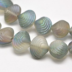 Frosted Electroplate Glass Shell Beads Strands, Rainbow Plated, Dark Khaki, 12x14.5x10mm, Hole: 1mm, about 32pcs/strand, 16 inch(EGLA-M002-B02)