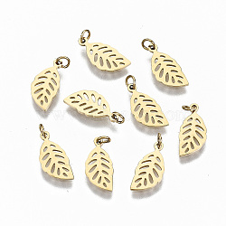 304 Stainless Steel Charms, with Jump Rings, Laser Cut, Leaf, Real 14K Gold Plated, 11.5x5.5x1mm, Jump Ring: 3x0.4mm, 2.2mm inner diameter(X-STAS-S116-060G)