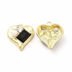 Rack Plating Alloy with Glass Heart with Rectangle Pendants, with ABS Plastic Imitation Pearl Beaded, Light Gold, Cadmium Free & Nickel Free & Lead Free, Black, 20x18.5x7mm, Hole: 1.6mm(FIND-G051-08LG-01)