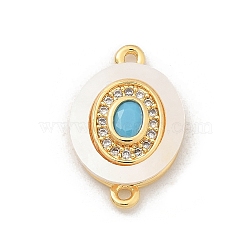 Brass Micro Pave Clear Cubic Zirconia & Shell Connector Charms, with Sky Blue Glass, Real 18K Gold Plated, Oval, 17x11x2.5mm, Hole: 1.2mm(KK-M303-03G-05)