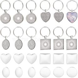 1 Set Heart & Flat Round & Oval & Square Alloy Keychains, with 304 Stainless Steel Split Key Rings and Transparent Glass Cabochons, Antique Silver, 5.5~6cm, 12pcs/set(KEYC-UN0001-11)