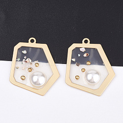 Epoxy Resin Pendants, with ABS Plastic Imitation Pearl and Shell, Alloy Findings, Polygon, Matte Gold Color, Dark Goldenrod, 37x35x5.5mm, Hole: 2mm(X-RESI-S365-75A)