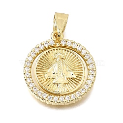 Religion Brass Micro Pave Clear Cubic Zirconia Pendants, Flat Round with Virgen de Juquila Charms, Rack Plating, Long-Lasting Plated, Cadmium Free & Lead Free, Real 18K Gold Plated, 22.5~23x20.5~21x3mm, Hole: 7.5~8.5x5~5.5mm(CU-CBAE7DF-06G-A)