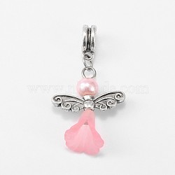Lovely Wedding Dress Angel Alloy European Dangle  Large Hole Pendants, with Glass Pearl Beads and Transparent Acrylic Beads, Pink, 38mm, Hole: 5mm(PALLOY-JF00004-01)