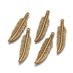Tibetan Style Alloy Charms, Lead Free & Cadmium Free, Feather, Antique Golden, 42x10x2mm, Hole: 2mm(TIBEP-16624-AG-RS)