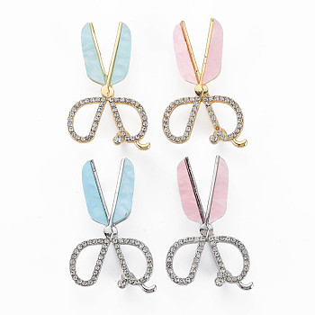 Scissor Shape Cellulose Acetate(Resin) Brooch, Crystal Rhinestone Tool Lapel Pin for Backpack Clothes, Nickel Free & Lead Free, Mixed Color, 27.5x50x8mm, Pin: 0.8mm