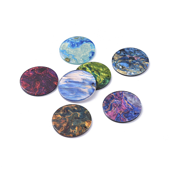Cellulose Acetate(Resin) Pendants, Flat Round, Mixed Color, 27.5x2.5mm, Hole: 1.6mm