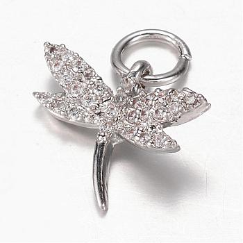 Brass Micro Pave Cubic Zirconia Charms, Dragonfly, Platinum, 13.5x15x3mm, Hole: 4mm