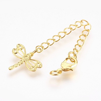Brass Chain Extender, with Lobster Claw Clasps, Cadmium Free & Nickel Free & Lead Free, Long-Lasting Plated, Dragonfly, Real 18K Gold Plated, 70~75x3mm, Hole: 2.5mm, Clasps: 10x6x3mm