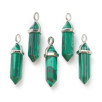 Synthetic Malachite Pendants, with Platinum Tone Brass Findings, Bullet, 39.5x12x11.5mm, Hole: 4.5x2.8mm