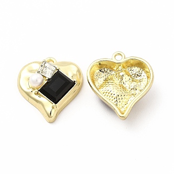 Rack Plating Alloy with Glass Heart with Rectangle Pendants, with ABS Plastic Imitation Pearl Beaded, Light Gold, Cadmium Free & Nickel Free & Lead Free, Black, 20x18.5x7mm, Hole: 1.6mm