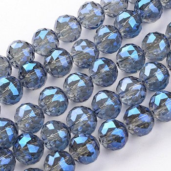 Electroplate Glass Bead Strands, Full Rainbow Plated, Faceted, Round, Royal Blue, 15.5mm, Hole: 2mm, about 15pcs/strand, 8.6 inch(22cm)