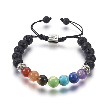 Chakra Jewelry, Natural Lava Rock and Natural & Synthetic Mixed Gemstone Braided Bead Bracelets, with Nylon Thread and Square Alloy Beads, 2 inch~3-3/8 inch(5.15~8.4cm)