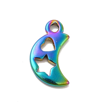 Ion Plating(IP) 304 Stainless Steel Pendants, Hollow, Moon with Heart & Star, Rainbow Color, 17.5x10x2mm, Hole: 1.8mm