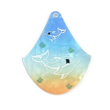 Marine Organism Series Fan Shape Acrylic Pendants, Whale, 37.5x30x2mm, Hole: 1.8mm