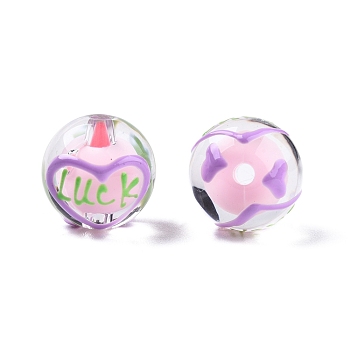 Transparent Acrylic Enamel Beads, Bead in Bead, Round with Heart & Word Luck, Pearl Pink, 14~15x13mm, Hole: 2mm