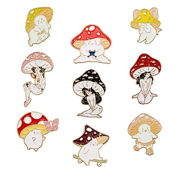 9Pcs 9 Style Mushroom Skating Enamel Pin, Cartoon Alloy Brooch for Backpack Clothes, Light Gold, Mixed Color, 24~43x23~30x2mm, 1pc/style