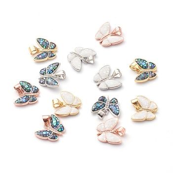 Brass Micro Pave Clear Cubic Zirconia Pendants, with Mixed ColorShell, Butterfly, Mixed Color, 12.5x16x2.5mm, Hole: 3.5x4mm