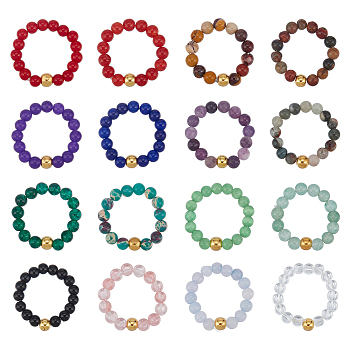 16Pcs 16 Style Natural & Synthetic Mixed Gemstone Round Beaded Stretch Rings Set for Women, US Size 7 1/4(17.5mm), 1Pc/style