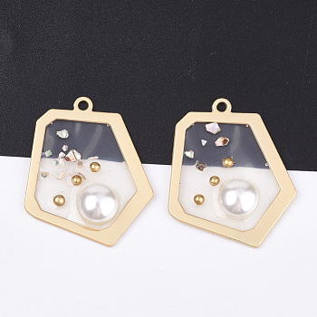 Epoxy Resin Pendants, with ABS Plastic Imitation Pearl and Shell, Alloy Findings, Polygon, Matte Gold Color, Dark Goldenrod, 37x35x5.5mm, Hole: 2mm