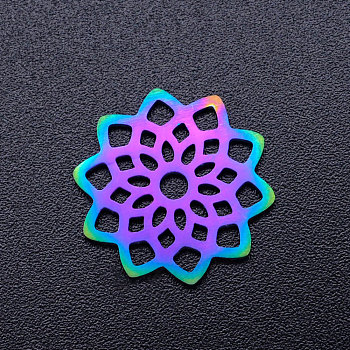 Ion Plating(IP) 201 Stainless Steel Filigree Joiners, Lotus, Rainbow Color, 16x16x1mm, Hole: 2mm