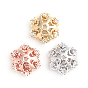 6-Petal Brass Micro Pave Clear Cubic Zirconia Fancy Bead Caps, Flower, Mixed Color, 9x3mm, Hole: 1mm