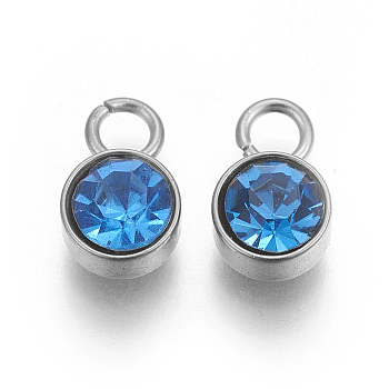 Glass Rhinestone Charms, Birthstone Charms, with Stainless Steel Color Tone 201 Stainless Steel Findings, Flat Round, Light Sapphire, 10x6x5mm, Hole: 2mm