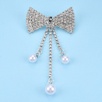 Crystal Rhinestone Bowknot with Plastic Pearl Lapel Pin, Creative Brass Badge for Backpack Clothes, Silver, 93x47x12.5mm, Pin: 0.7mm