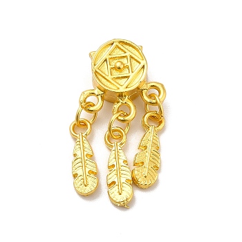 Rack Plating Alloy Pendants, Cadmium Free & Lead Free, Woven Net/Web with Feather Charm, Matte Gold Color, 25.5x12.5x6mm, Hole: 3mm