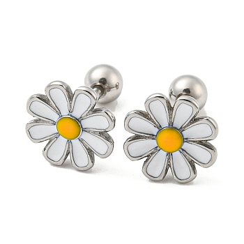 304 Stainless Steel with Enamel Stud Earrings, Daisy Flower, Stainless Steel Color, 9~9.5mm