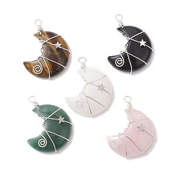 Natural Mixed Stone Copper Wire Wrapped Pendants, Moon with Star Charms, Platinum, 44.5x35x11.5mm, Hole: 4mm