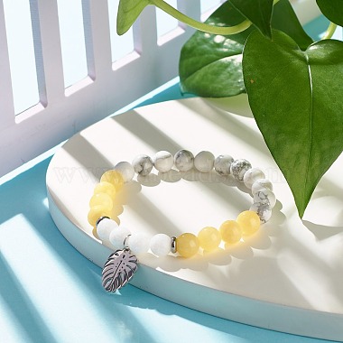 Natural Malaysia Jade(Dyed) & Howlite Round Beads Stretch Bracelet with Leaf Charm for Women(BJEW-JB07504)-4