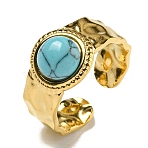 Ion Plating(IP) 304 Stainless Steel Open Cuff Rings, Synthetic Turquoise Round Wide Band Rings for Women Men, Real 18K Gold Plated, Adjustable(RJEW-C079-18G-03)