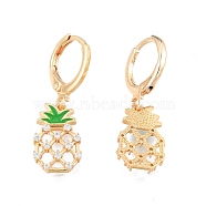 Clear Cubic Zirconia Pineapple Dangle Leverback Earrings with Enamel, Brass Jewelry for Women, Cadmium Free & Nickel Free & Lead Free, Real 18K Gold Plated, 27mm, Pin: 1mm(EJEW-N012-64)