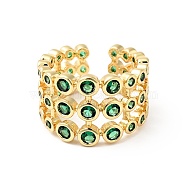 Micro Pave Green Cubic Zirconia Cuff Rings, Rack Plating 3 Line Brass Open Rings for Women, Long-Lasting Plated, Cadmium Free & Lead Free, Real 18K Gold Plated, US Size 7(18mm)(RJEW-G262-02G)