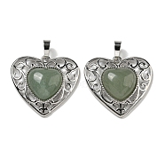 Natural Green Aventurine Peach Love Heart Pendants, Rack Plating Brass Hollow Heart Charms, Cadmium Free & Lead Free, 29.5x30.5x7.5mm, Hole: 7.5x5mm(G-G158-01C)