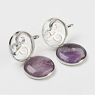 Natural Amethyst Pendants, with Brass Diffuser Locket Findings, Flat Round, 31x26x8mm, Hole: 4mm(G-G910-I12)