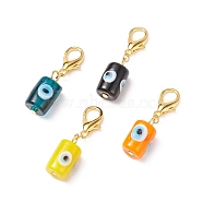 Evil Eye Lampwork Column Pendant Decorations, with Alloy Lobster Claw Clasps, Golden, 38mm(HJEW-JM00742-02)