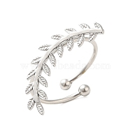304 Stainless Steel Open Cuff Ring, Leaf, Stainless Steel Color, Inner Diameter: 18mm(RJEW-M167-10C-P)