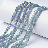 Electroplate Glass Beads Strands, Imitation Jade, Full Rainbow Plated, Faceted, Rondelle, Light Blue, 4x3mm, Hole: 0.4mm, about 123~127pcs/strand, 16.5~16.9 inch(42~43cm)(EGLA-A034-J4mm-G05)