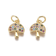 Brass Micro Pave Cubic Zirconia Charms, with Jump Rings, Mushroom, Colorful, Golden, 11x9x2mm, Hole: 3mm(ZIRC-I038-11G)