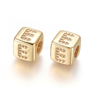 Brass Micro Pave Cubic Zirconia European Beads, Horizontal Hole, Large Hole Beads, Long-Lasting Plated, Cube with Letter, Golden, Clear, Letter.E, 9x9x9.5mm, Hole: 4.5mm(ZIRC-G162-13G-E)